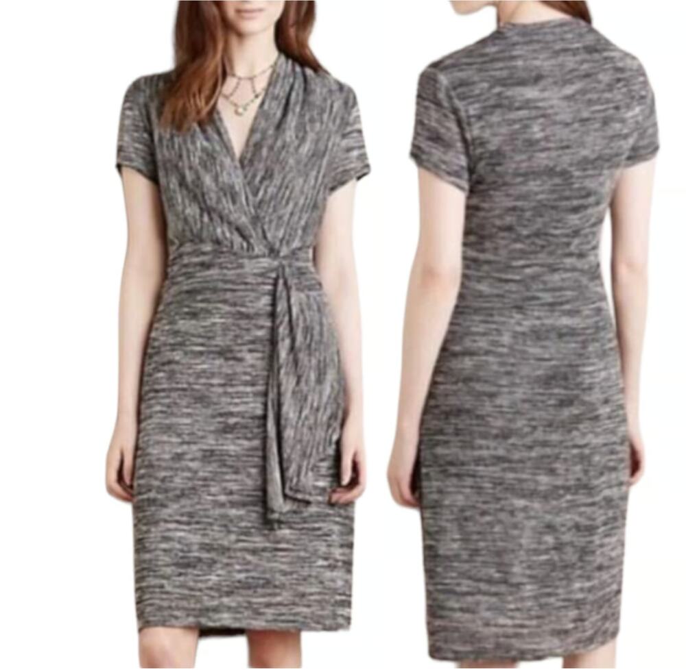 Anthropologie Maeve Marled Knit Gray Wrap Front Sweater Dress Midi Dress XS